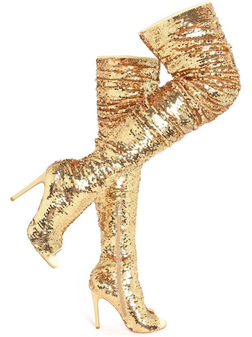 Women's Gold Leather Sparkly Peep Toe Stiletto Heel Thigh High Boots